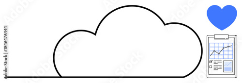 Digital healthcare, cloud storage, data analytics, patient care, medical records, technology integration. A cloud shape with a clipboard showing a graph and a blue heart. Digital healthcare and cloud
