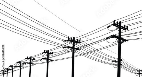 High-contrast black and white utility poles and tangled power lines, geometric silhouette, linear perspective, electrical infrastructure, abstract cable network, minimalist industrial landscape