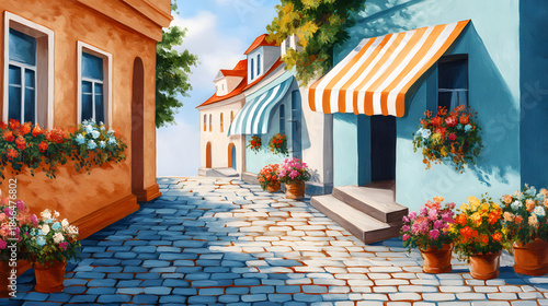 Vibrant Street Scene: A picturesque European street is adorned with colorful buildings, blooming flower pots, and inviting awnings, creating a charming ambiance.