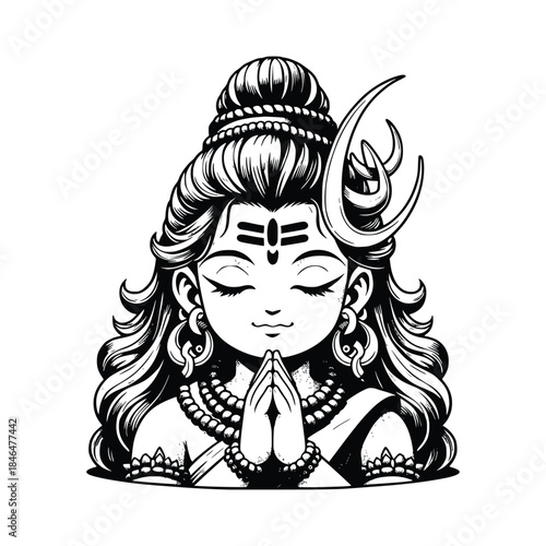 Lord Shiva Meditation Illustration in Black and White Line Art