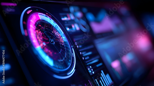 Digital Interface Display: An immersive perspective of cutting-edge technology, with an array of vibrant screens displaying intricate data visualizations.