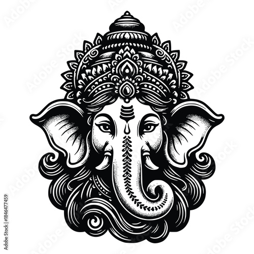 Ganesha Illustration, Hindu God Graphic, Black and White Ganesha Art