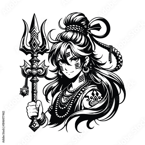 Stylized Lord Shiva Holding Trishul – Black and White Hindu Deity Illustration