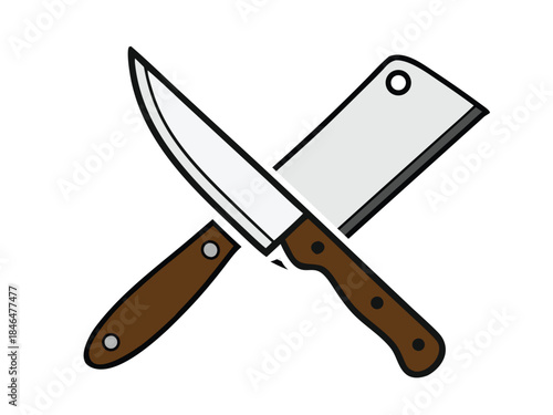 vector illustration of two crossed kitchen knives. a chef's knife and a meat cleaver with wooden handles