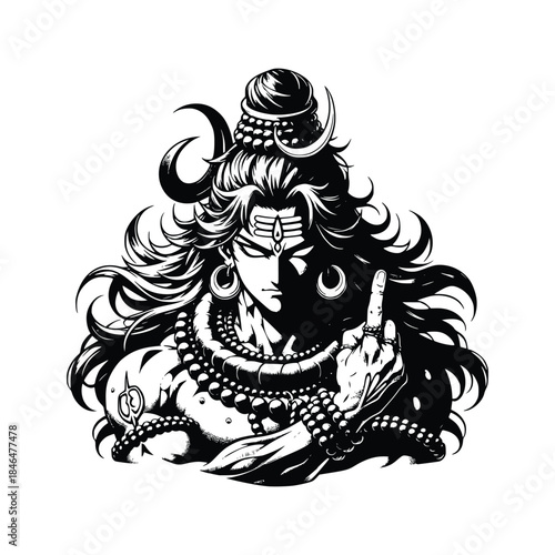 Lord Shiva Monochrome Vector Illustration with Sacred Symbols