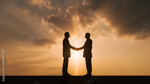 Golden Agreement: Two figures engage in a silhouette handshake against a sunset backdrop, capturing the essence of partnership and agreement in a warm, collaborative environment.