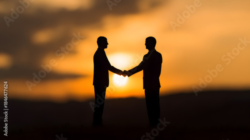 Golden Deal Silhouette: Two professionals seal a deal with a handshake against a stunning sunset backdrop, symbolizing agreement, partnership, and successful collaboration.