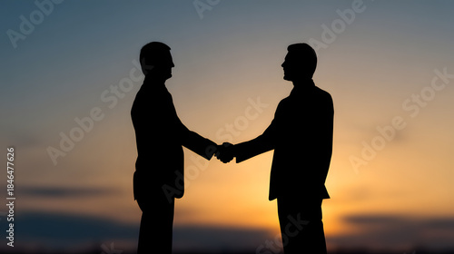 Deal silhouette in Sunset: Silhouette of two businessperson shake hands symbolizing agreement. Capture the essence of teamwork and agreement
