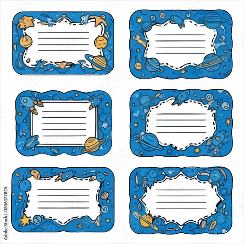 Blue outer space themed name tags for kids with rockets, planets, and stars for school supplies