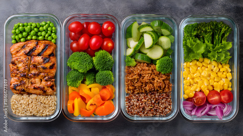 Colorful Meal Prep: An appetizing array of meticulously organized meal prep containers is filled with an assortment of fresh vegetables and protein, catering to a healthy eating lifestyle.