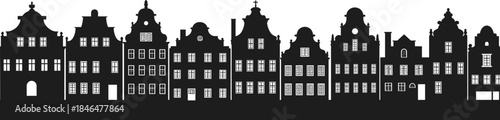 Historic European townhouses silhouette, ornate gables and arched windows, old city street facade, traditional Dutch Belgian architecture, vintage skyline vector illustration