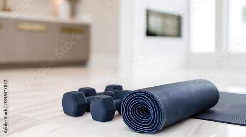 Fitness Essentials:  A modern fitness studio with a yoga mat and weights. This photo embodies the peace of mind associated with physical wellbeing.