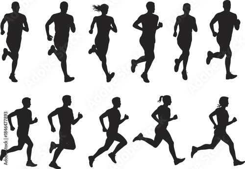 Running people silhouette collection with male female joggers fitness exercise motion sport vector illustration