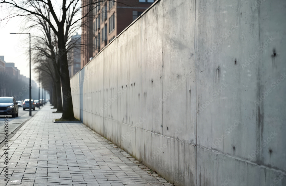 Fototapeta premium Empty concrete wall lines urban street sidewalk. Bare trees and cars pass by city buildings. Textured surface with vertical joints provides blank backdrop.