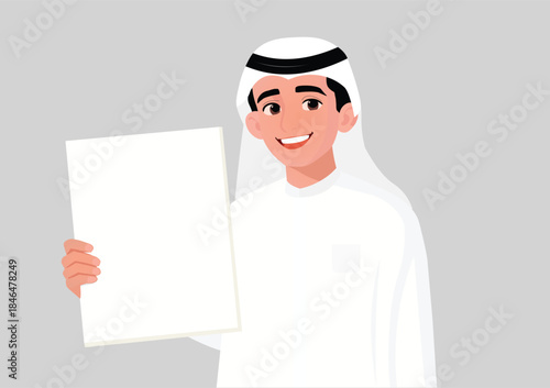Arabic boy in traditional Gulf clothing holding blank sign