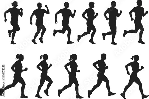 Running people silhouette set with male female joggers fitness exercise motion vector illustration design collection