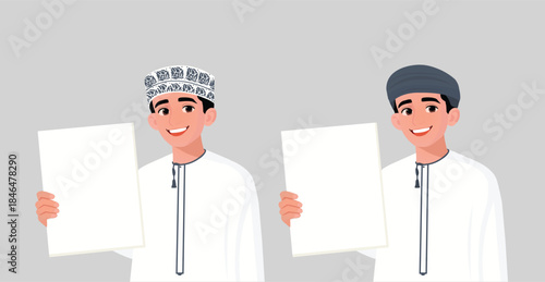 Arabic boys in traditional Omani clothing holding blank signs