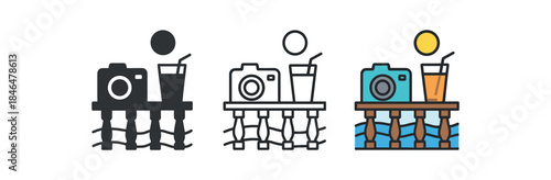 seasonal travel summer camera and cold drink on balcony