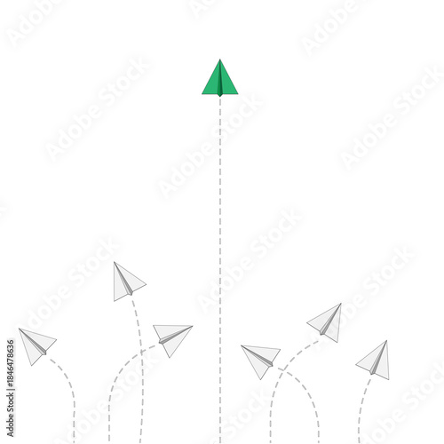 Soaring Above the Ordinary: A singular green paper airplane ascends with purpose, charting a direct course, while others follow divergent paths.
