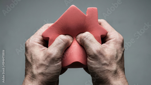 Housing market pressure and high interest rates, hands aggressively squeeze a red stress ball model home, symbolizing economic stress and crisis