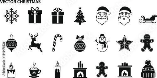 Elegant set of black Christmas silhouette icons featuring Santa Claus, reindeer, sleigh, gingerbread man, snowflakes, and festive decorations.