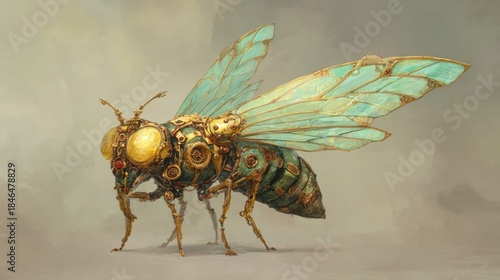 Mechanical insect with large wings and metallic body in an artistic setting