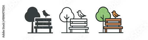 everyday city life park bench with tree and bird