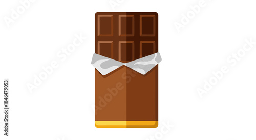 Sealed chocolate bar partially unwrapped, isolated against a clean white background, showcasing smooth texture and rich brown color