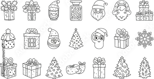 Large collection of charming outline Christmas icons with gift boxes, festive trees, Santa hats, and snowy elements in a doodle style.