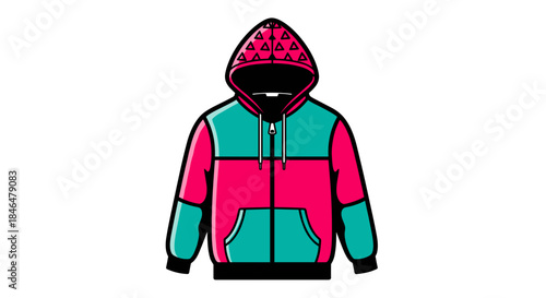 Vibrant fleece hoodie with zip featuring a colorful geometric pattern, isolated on a white background