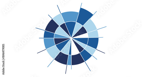 Abstract natal chart illustration with geometric blue segments isolated on white background, featuring radial symmetry and clean lines