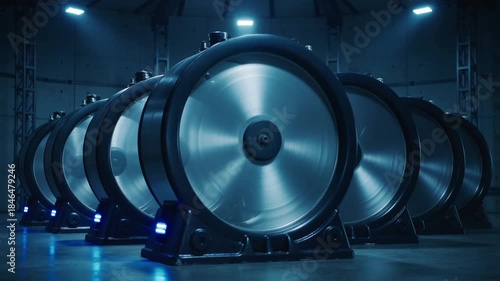 row of huge high speed rotating flywheel energy storage devices inside a dimly lit clean industrial plant