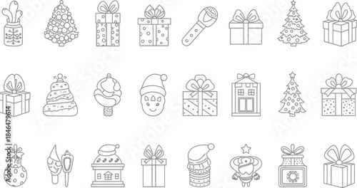 Whimsical set of outline Christmas icons featuring gift boxes, festive trees, Santa hats, and other unique holiday design elements.