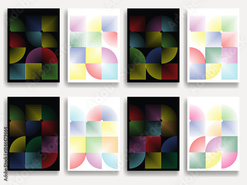 Geometric vector posters set with lines, circles- modern geometric circles, semicircles , triangles pattern created with thick and bold dynamic lines for design. Shapes for posters and branding. 