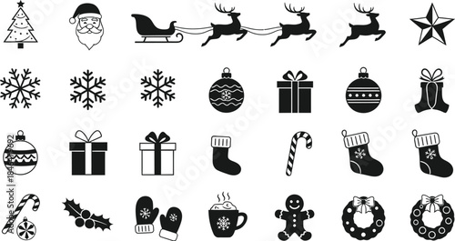 Detailed set of black Christmas silhouette icons, featuring Santa's sleigh, reindeer, snowflakes, gifts, and traditional holiday symbols.