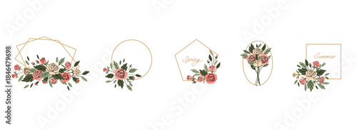 Rose frame. Pink flowers and green leaves. Decorative elements, spring summer elegant elements. Bouquet with blossom. Botanical natural decoration for poster. Vector cartoon flat isolated illustration