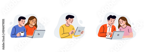 People working on laptop. Men and women using computer, online communication. Teamwork project, employee office work. Programmer or freelancer. Vector cartoon flat style isolated illustration