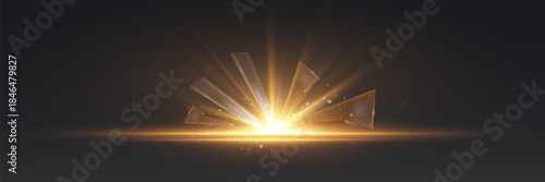 Golden glass shards explosion with glowing light and sparkles.
