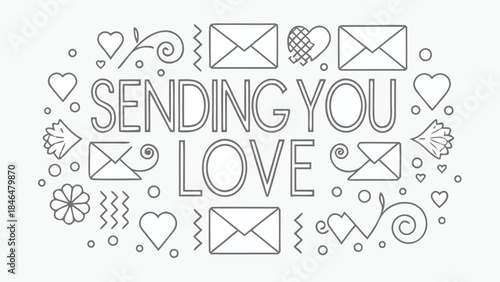Cute doodle style illustration with sending you love text and hearts, envelopes, flowers