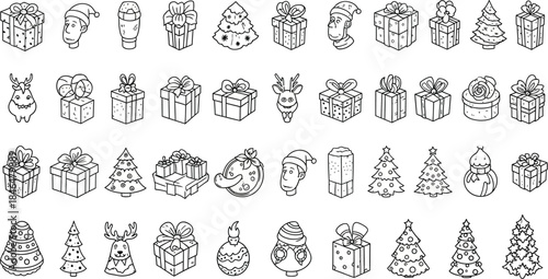 Massive collection of intricate outline Christmas icons, showcasing numerous gift boxes, festive trees, Santa Claus, and diverse holiday decorations.