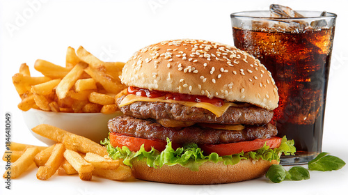 Delicious burger with fries and drink on a table