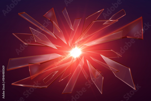 Breaking clear glass with glowing red energy.