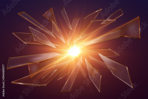 Dynamic glass shatter effect with glowing particles and light rays.