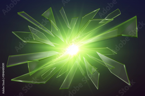 Dynamic glass shatter effect with glowing particles and light rays.