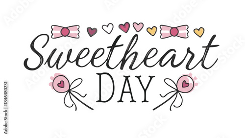 Kawaii style lettering sweetheart day with hearts and candies on white background