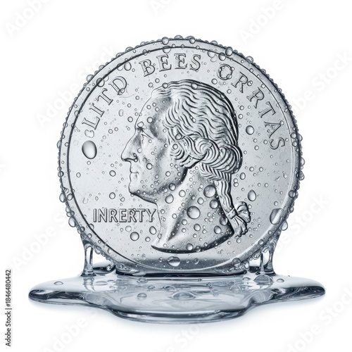 Quarter Dollar Coin Melting With Water Droplets