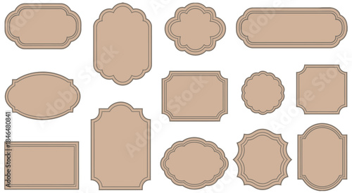 Elegant vintage labels with ornate frames in muted taupe color, classic tags with decorative borders, perfect for handmade branding, rustic packaging, product labeling
