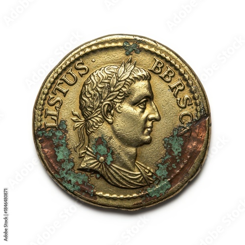 Antique Roman Coin Featuring Bust of a Person With Laurels on Head