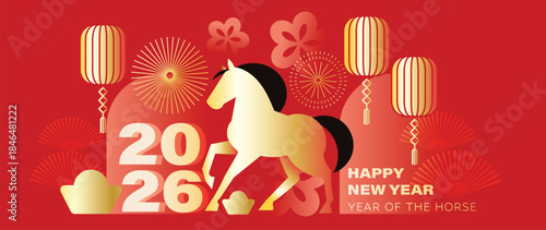  Happy Chinese New Year 2026 Year of the Horse vector illustration with red and gold zodiac horses lantern icons and lucky symbols. Design for greeting cards banners posters packaging and backgrounds.