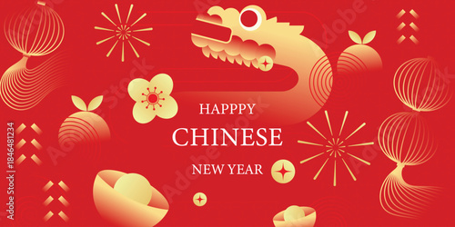 Happy Chinese New Year 2026 vector greeting card illustration with golden dragon lantern fireworks and floral elements. Festive oriental design for celebration poster banner invitation and background.